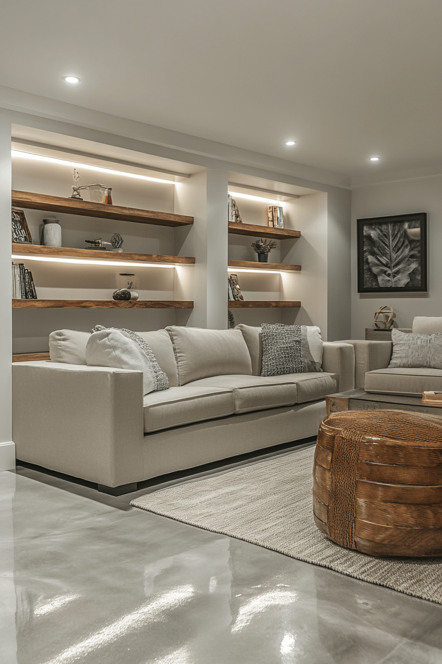 15+ Basement Living Room Ideas That Elevate Everyday Living With Ease 1 Minimalist Basement Retreat