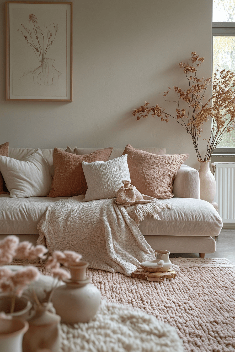 26+ Modern Boho Living Room Inspiration for a Warm and Inviting Vibe 10 Blush Grain