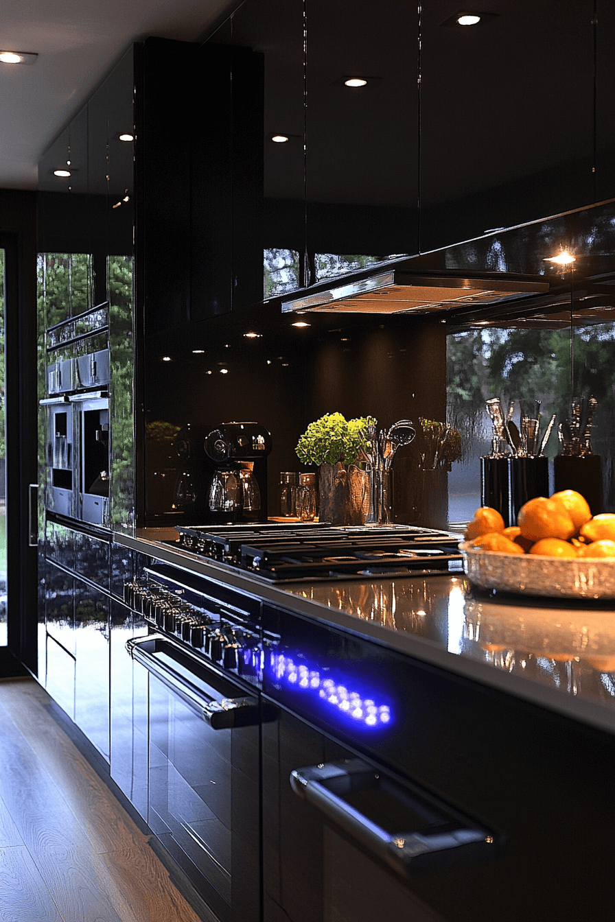 15+ Black Modern Kitchen Ideas That Prove Dark Can Be Bright and Inviting 10 Glass Gleam Finish