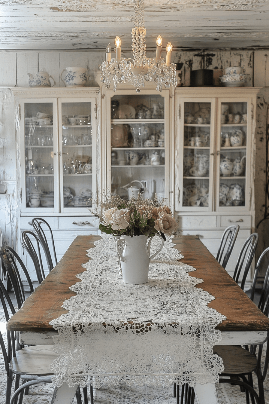18+ Shabby Chic Dining Room Ideas to Create a Warm Gathering Spot 10 Lace Elegance Dining Room