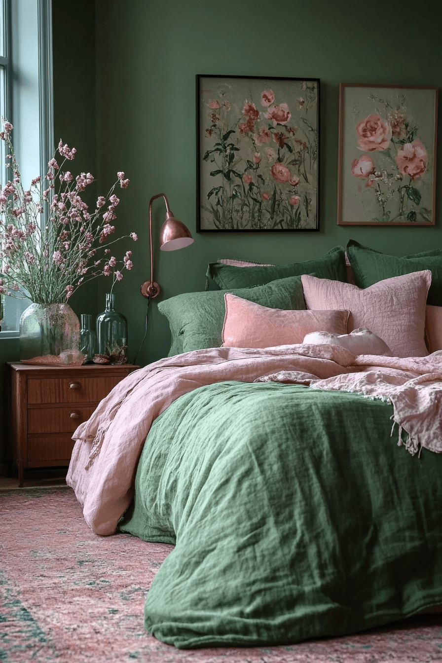 19+ Green and Pink Bedroom Ideas That Balance Bold and Soft Tones 10 Olive Elegance And Rose Subtlety
