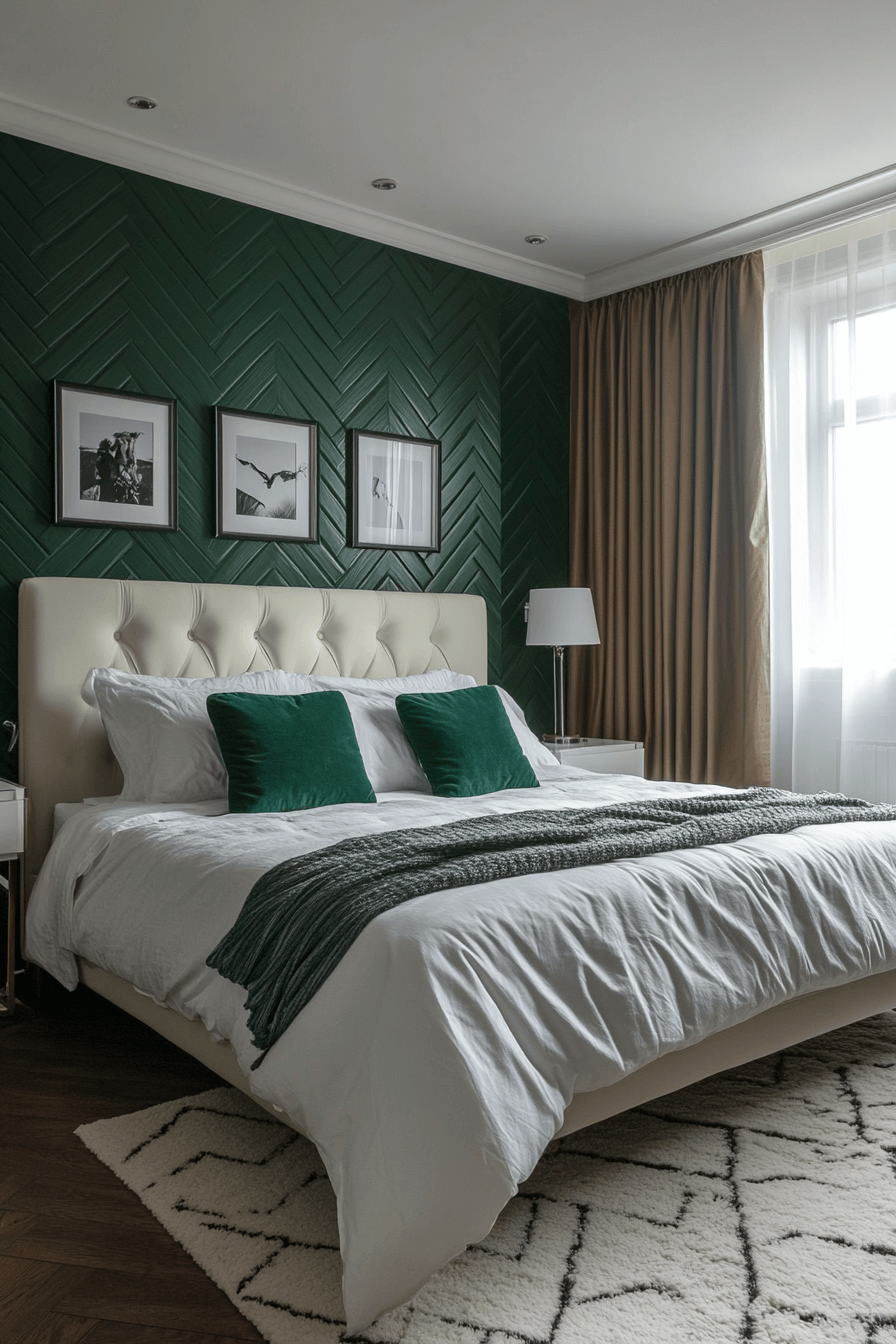 16+ Emerald Green Art Deco Bedroom Ideas to Capture Timeless Glamour 11 Chic Chevron Emerald Deco