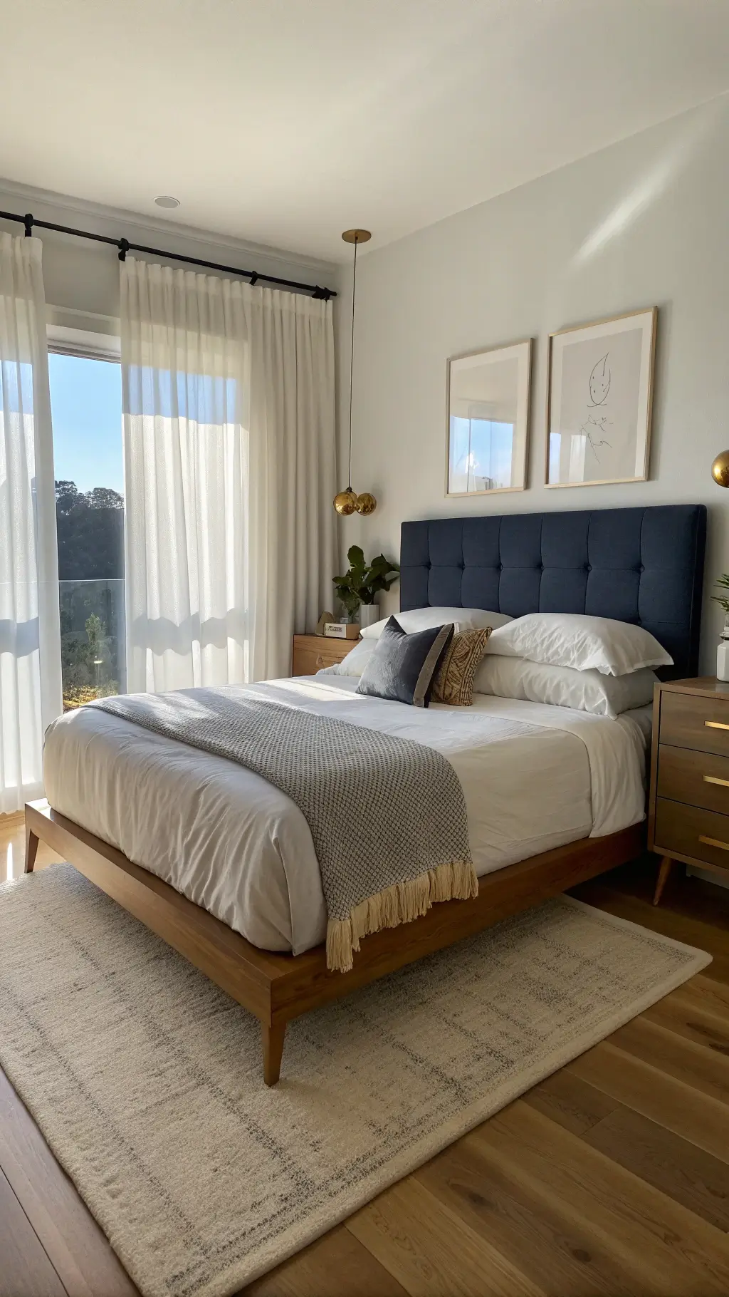 Cozy bedroom with golden hour light streaming through sheer curtains, featuring a low-profile platform bed with built-in storage, navy blue accent wall, floating walnut nightstands with brass sconces, and crisp white linens accented by a cream knit throw.