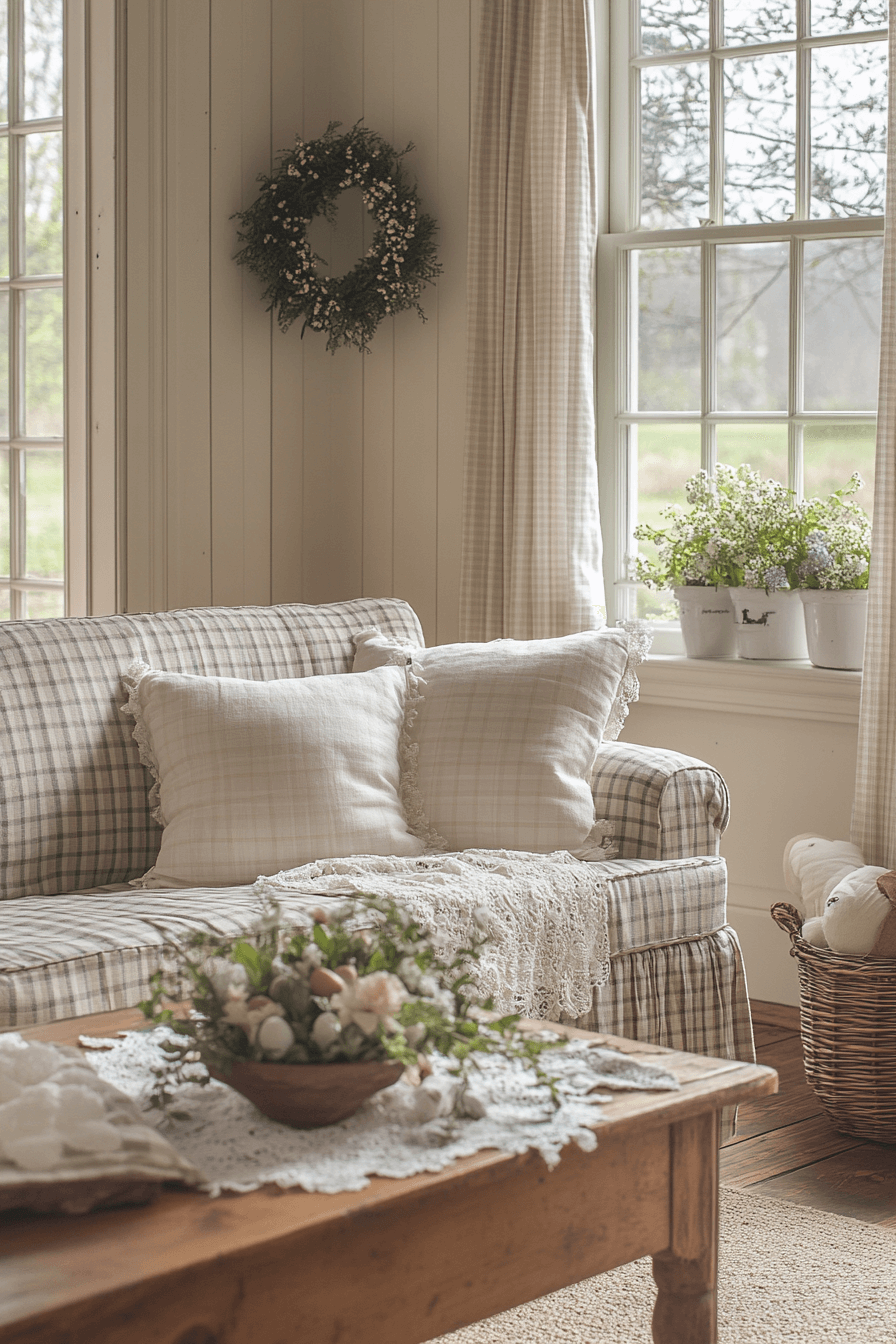20+ Easter Living Room Decor That Works Beautifully on Any Budget 13 Gingham Lace Easter Style