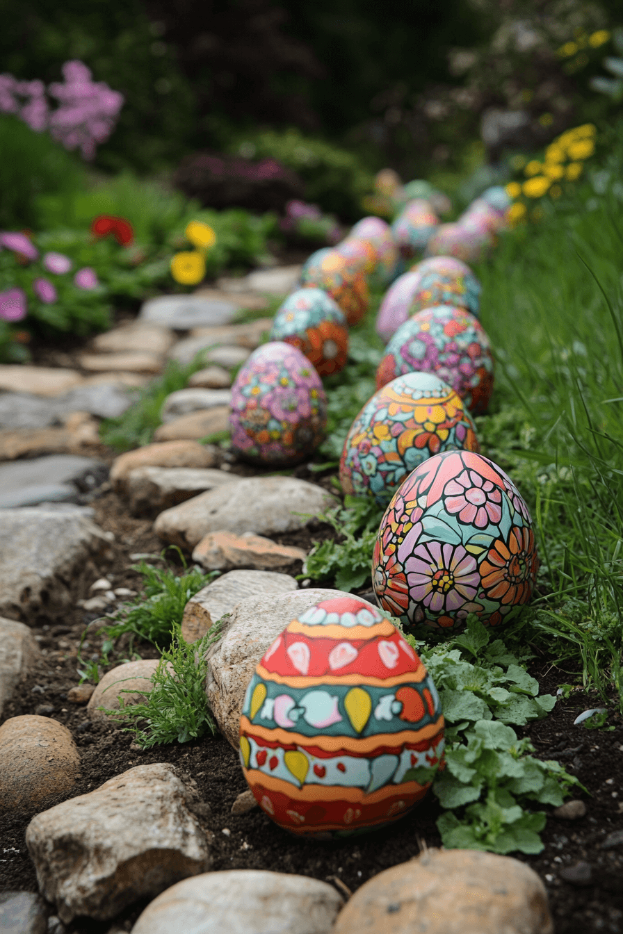 23+ Easter Yard Decorations to Create a Bright and Colorful Display 13 Painted Wooden Eggs Display
