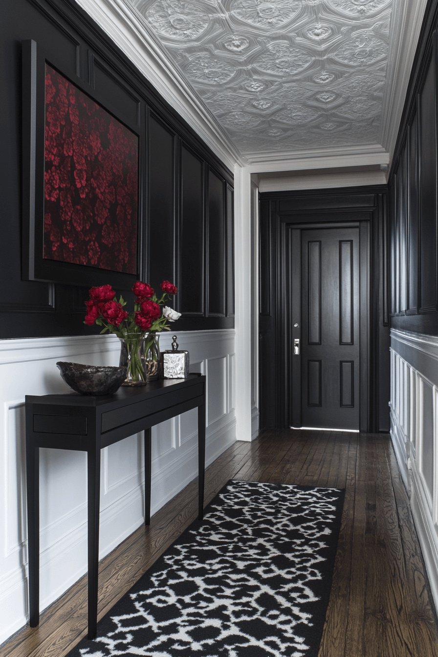 18+ Dark Aesthetic Decor Ideas That Highlight Texture and Character 13 Refined Charcoal Hallway
