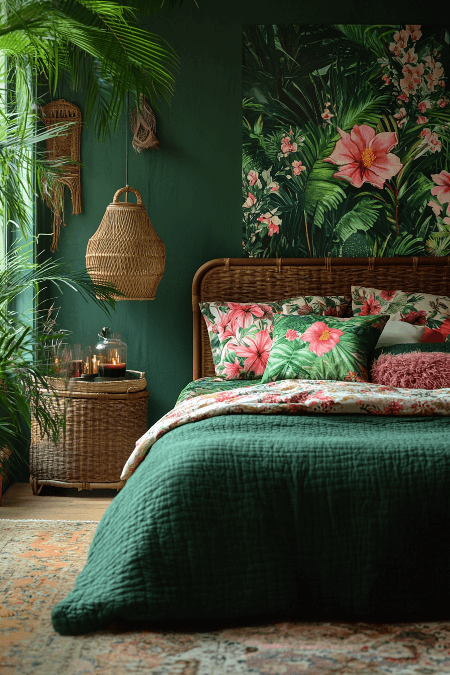 16+ Dark Green Bedroom Ideas to Elevate Your Sleep Sanctuary 13 Tropical Escape Bedroom