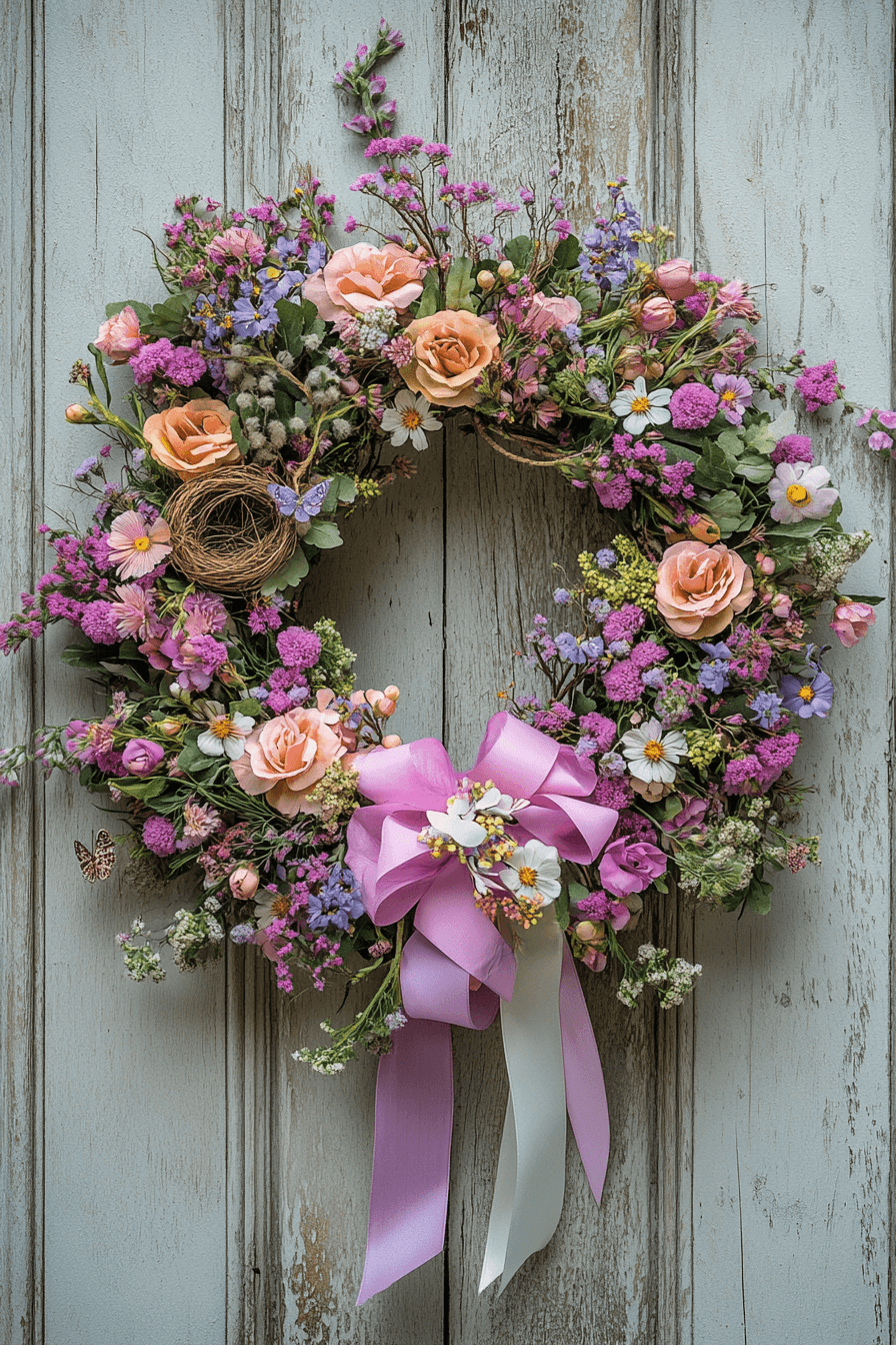 22+ Easter Wreaths for Front Door That Feel Playful and Chic 14 Country Wildflower Cottage Wreath