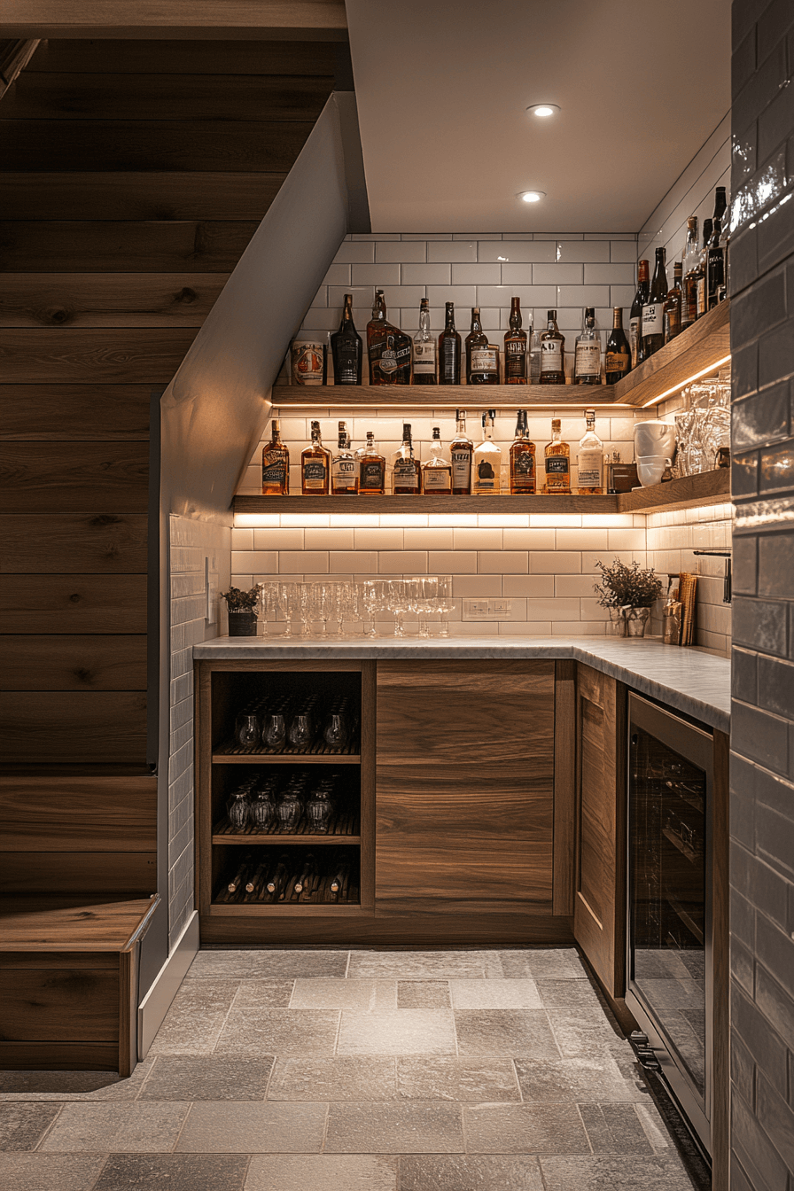 15+ Staircase Storage Under Stairs Ideas to Keep Your Home Neat and Chic 14 Glam Bar Under Stairs