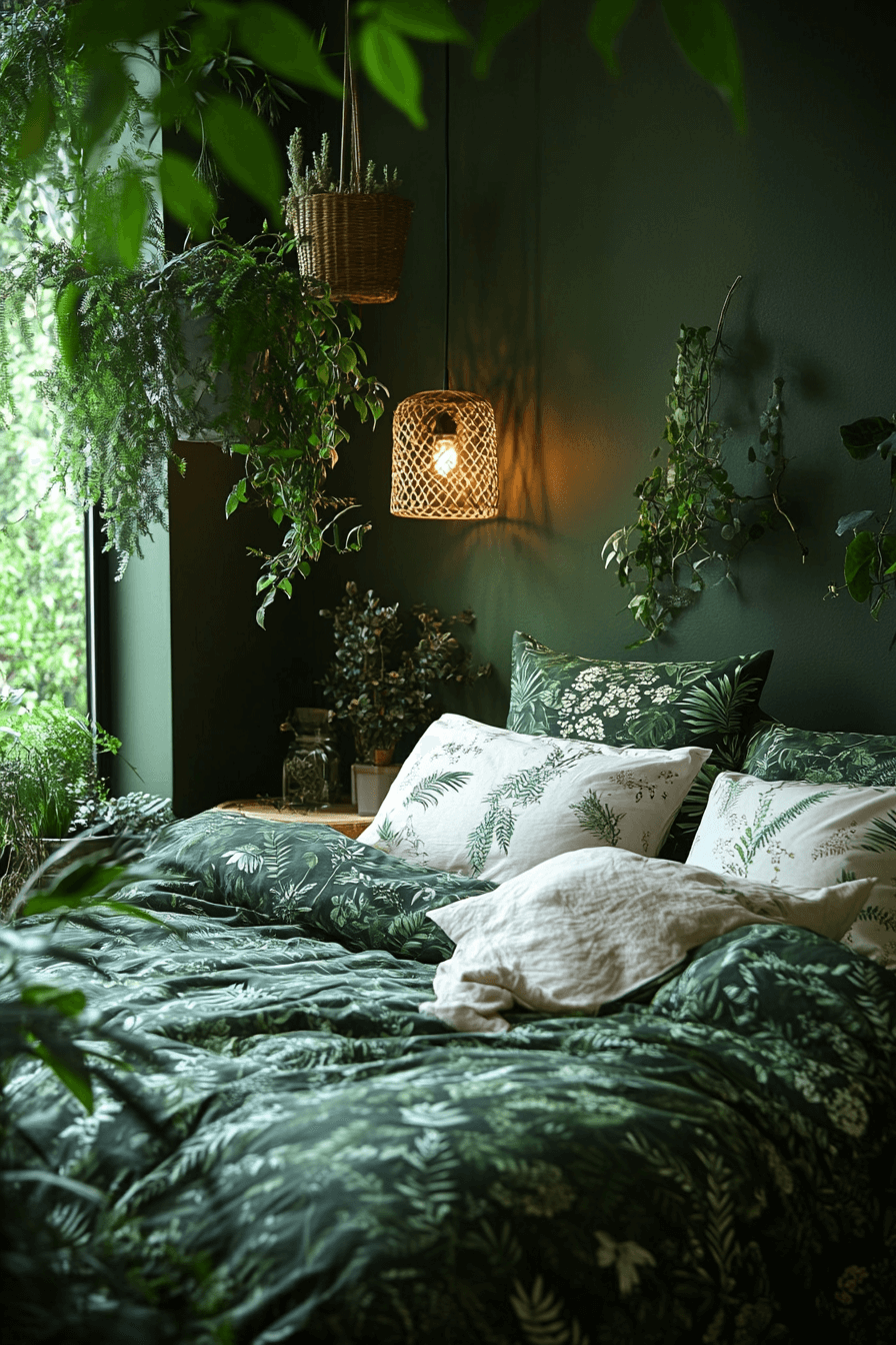 16+ Dark Green Bedroom Ideas to Elevate Your Sleep Sanctuary 14 Jungle Bliss Bedroom