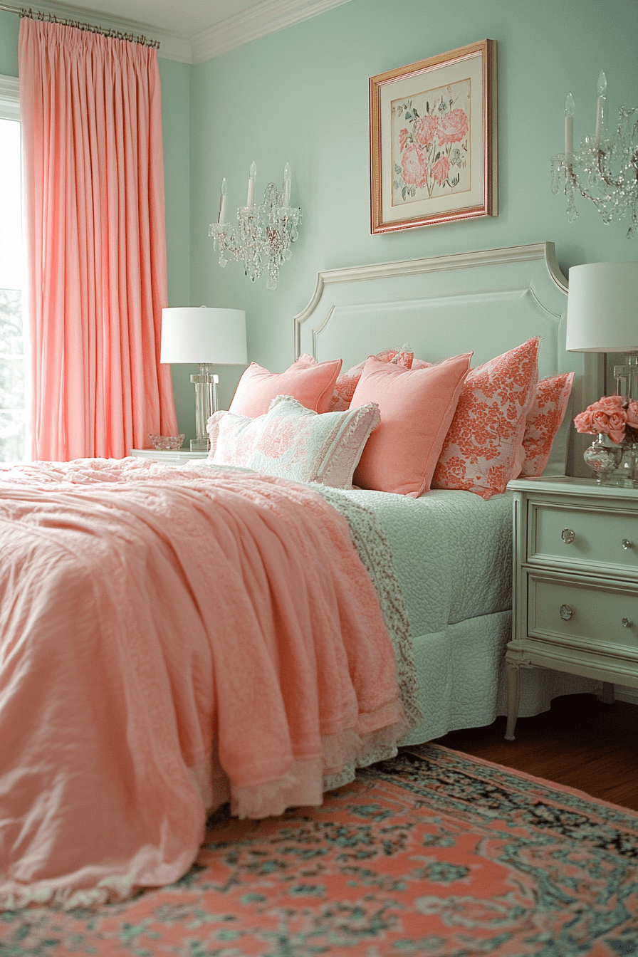 19+ Green and Pink Bedroom Ideas That Balance Bold and Soft Tones 14 Seafoam Tranquility And Salmon Warmth