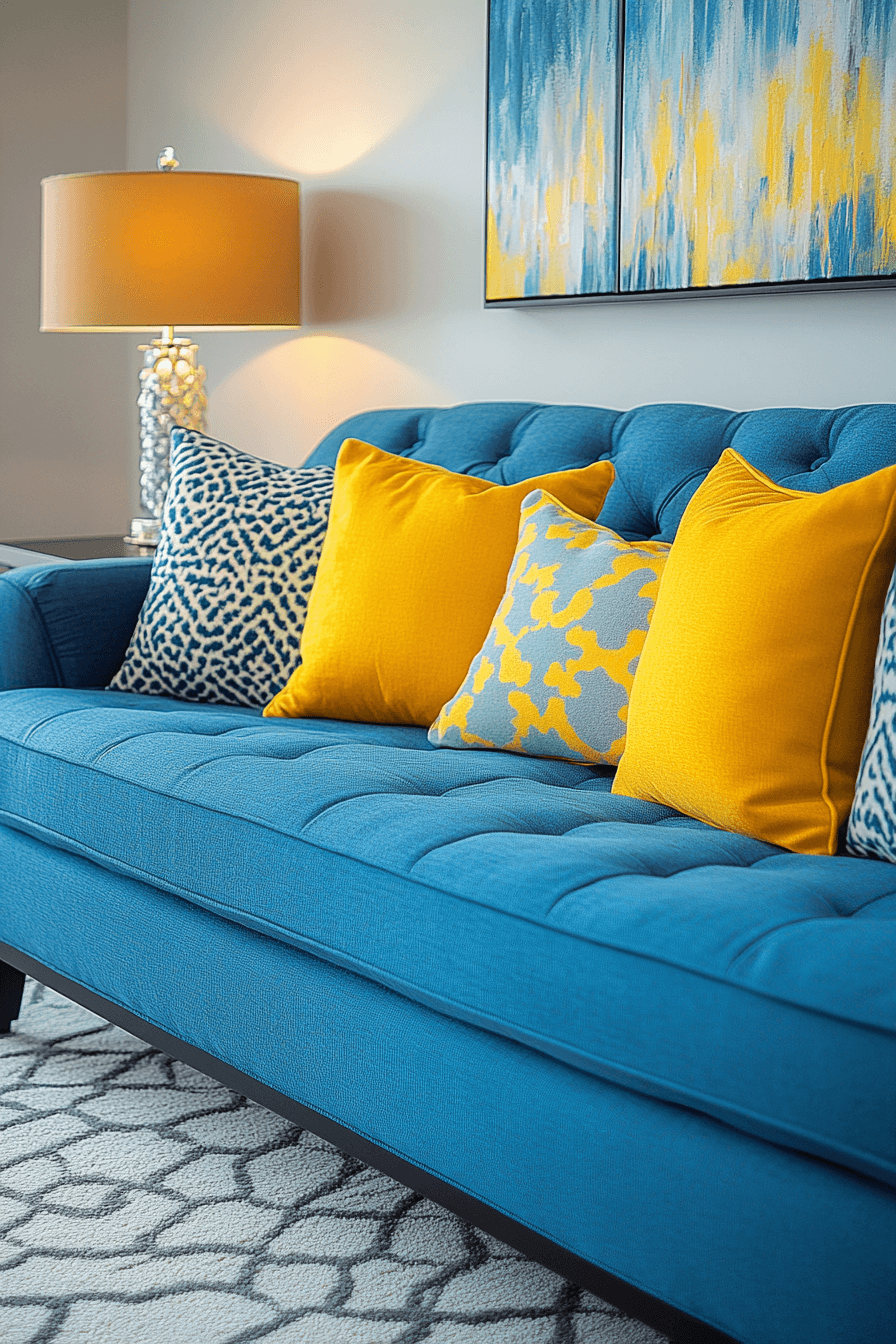28+ Blue Couch Living Room Looks That Capture Bold Sophistication 14 Yellow And Blue Sofa Contrast