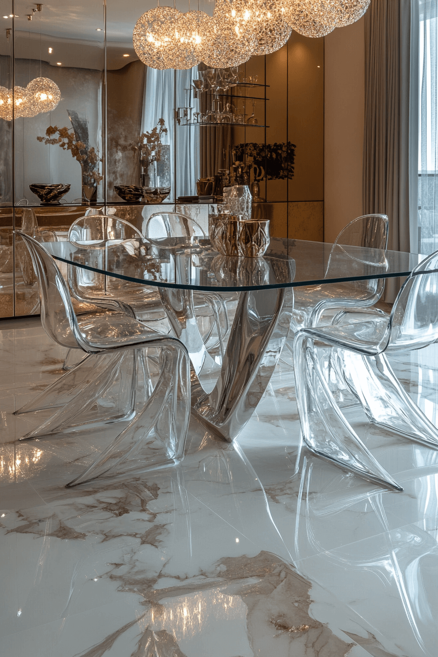 25+ Luxury Dining Room Inspiration for a Dreamy Holiday Setting 16 Gloss Meets Glass Design