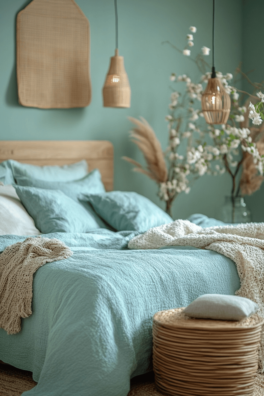 15+ Light Blue Boho Bedroom Ideas for a Chic and Airy Vibe 16 Soft Glow Boho Dream Escape