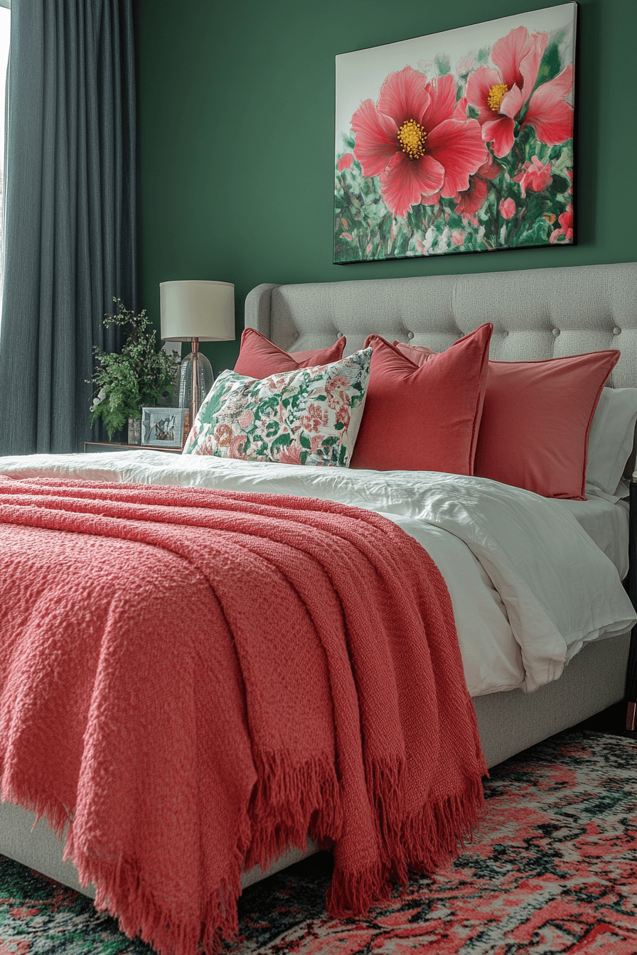 19+ Green and Pink Bedroom Ideas That Balance Bold and Soft Tones 18 Hunter Boldness With Hibiscus Vibrance