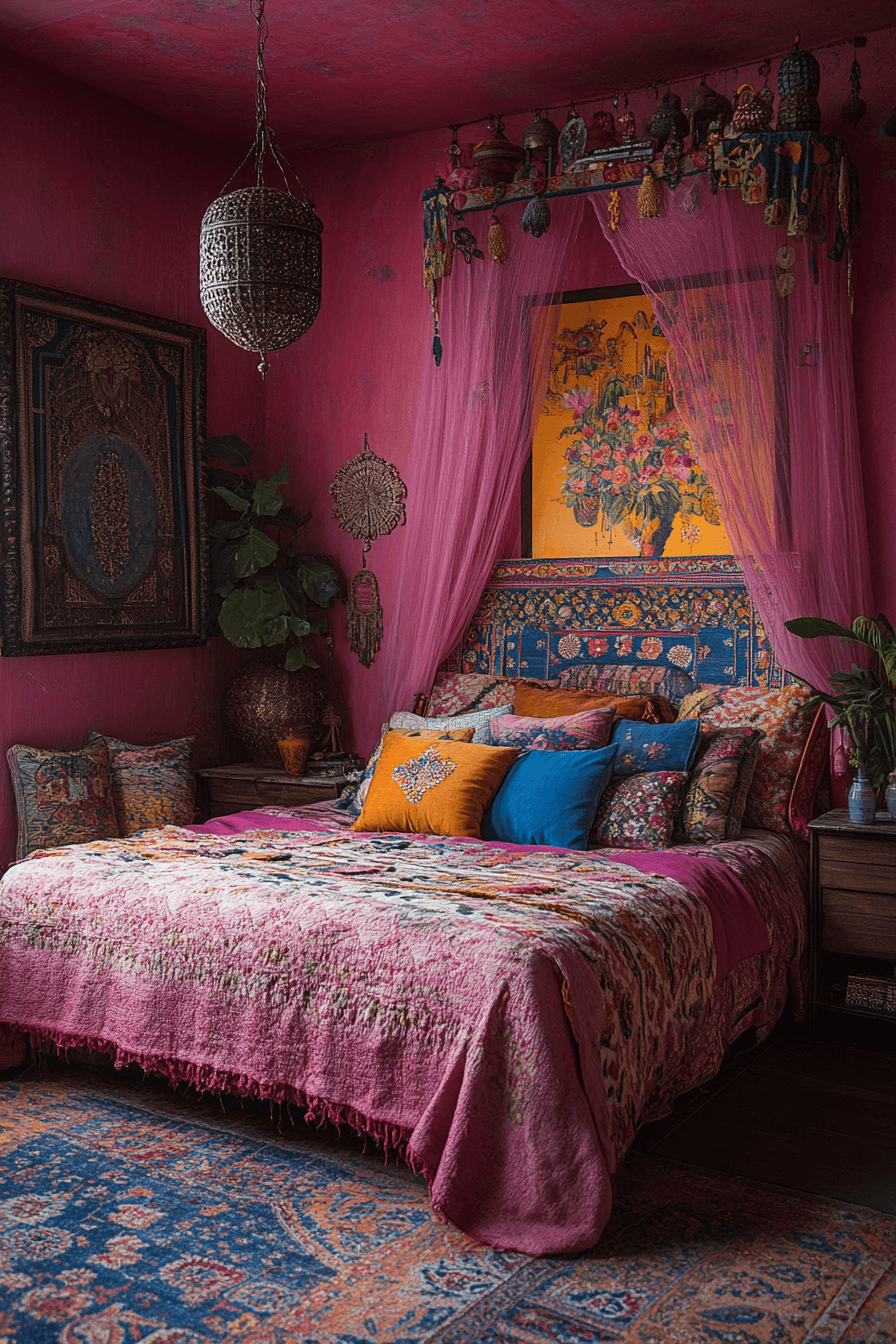 15+ Pink Boho Bedroom Ideas That Blend Playfulness and Serenity 18 Vibrant Pink Boho