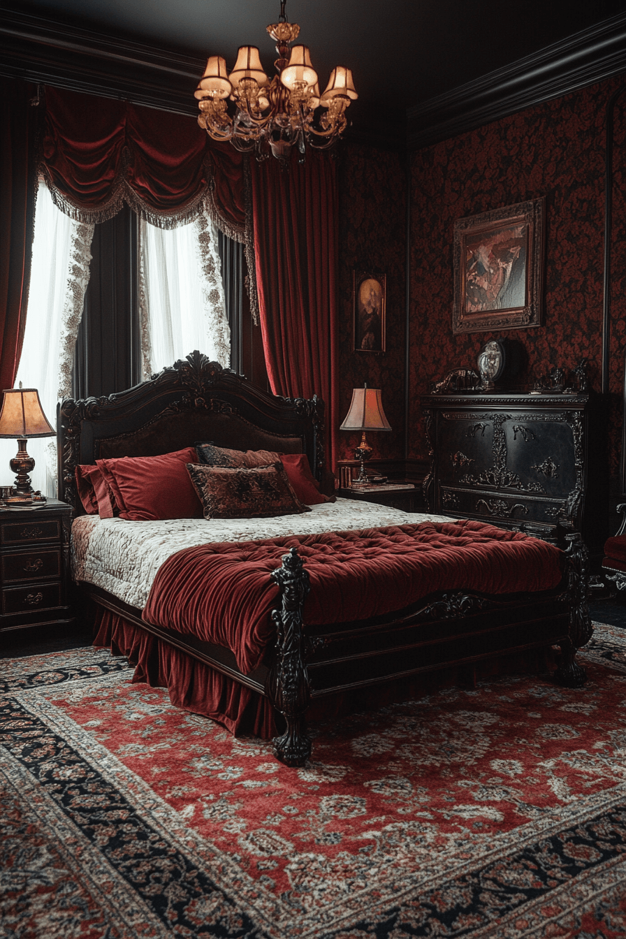 22+ Dark Feminine Bedroom Ideas for a Modern and Alluring Makeover 18 Victorian Romance
