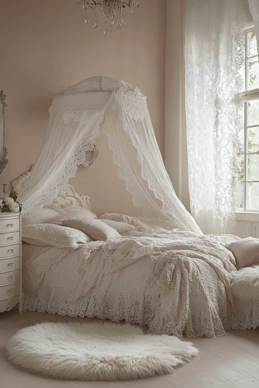 17+ Pink and White Bedroom Ideas for a Budget-Friendly Room Refresh 18 Vintage Lace Charm