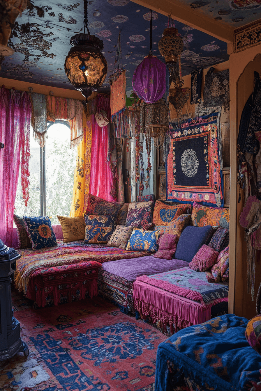 21+ Boho Maximalist Living Room Inspiration for a Bold Home Makeover 19 Fabric Lush Boho Fiesta