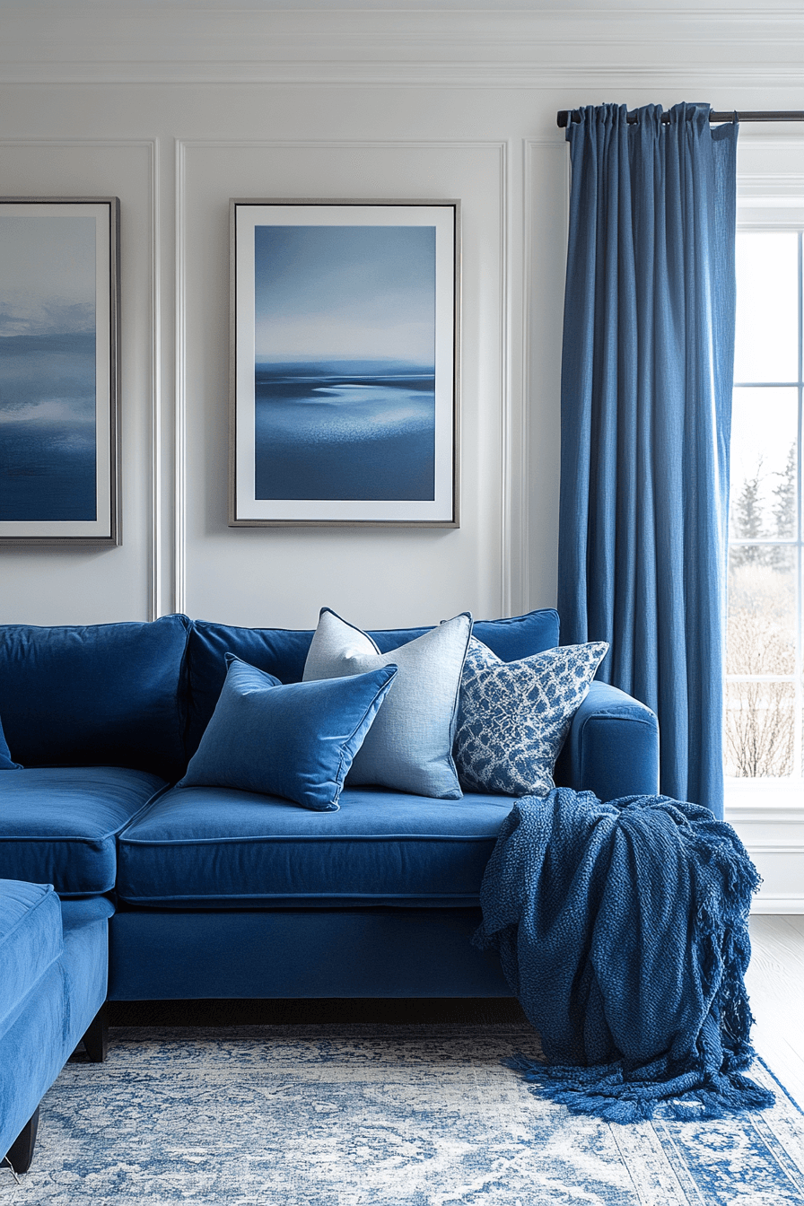 28+ Blue Couch Living Room Looks That Capture Bold Sophistication 19 Monochrome Shades With Blue Couch