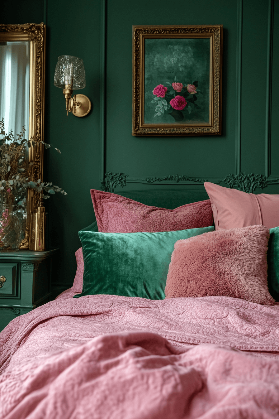 19+ Green and Pink Bedroom Ideas That Balance Bold and Soft Tones 2 Emerald Majesty With Rose Hues