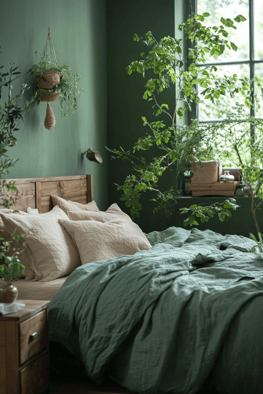 16+ Dark Green Bedroom Ideas to Elevate Your Sleep Sanctuary 2 Woodland Peace Bedroom