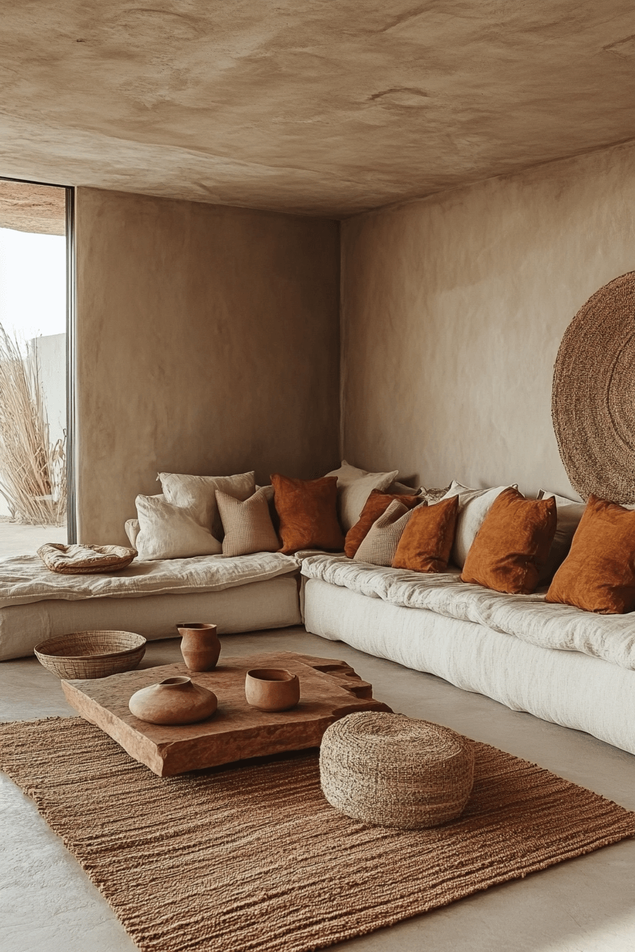 26+ Modern Boho Living Room Inspiration for a Warm and Inviting Vibe 20 Clay Tone