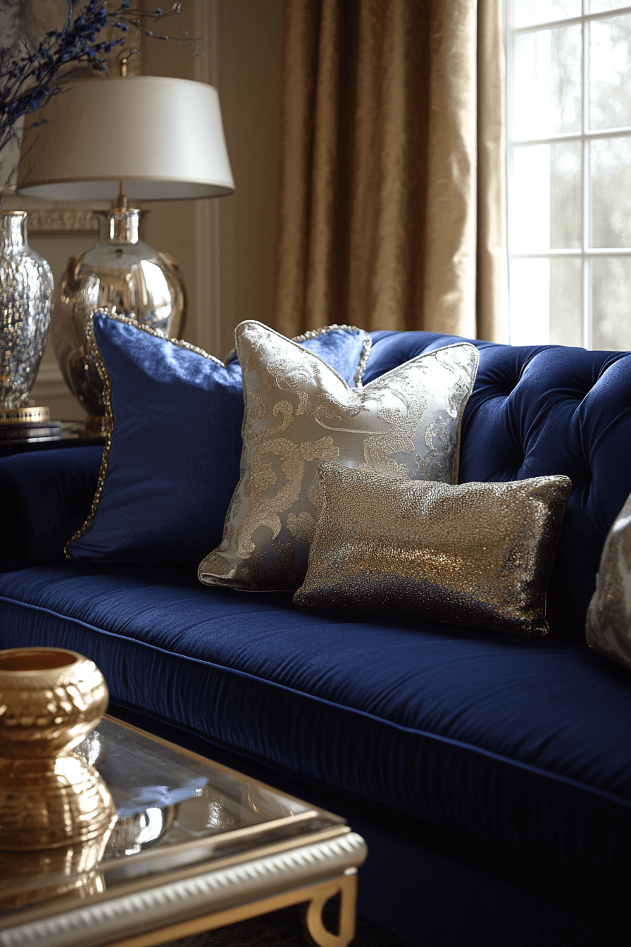 28+ Blue Couch Living Room Looks That Capture Bold Sophistication 25 Metallic Touch With Blue Couch