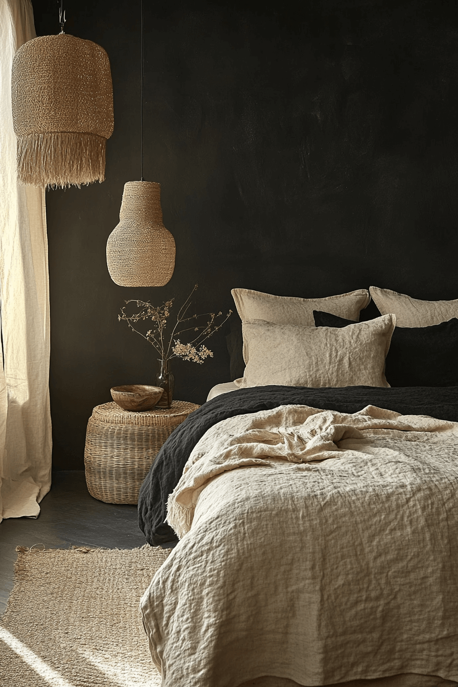 25+ Dark Boho Bedroom Inspiration for a Dreamy Night’s Retreat 27 Black Coastal Sand