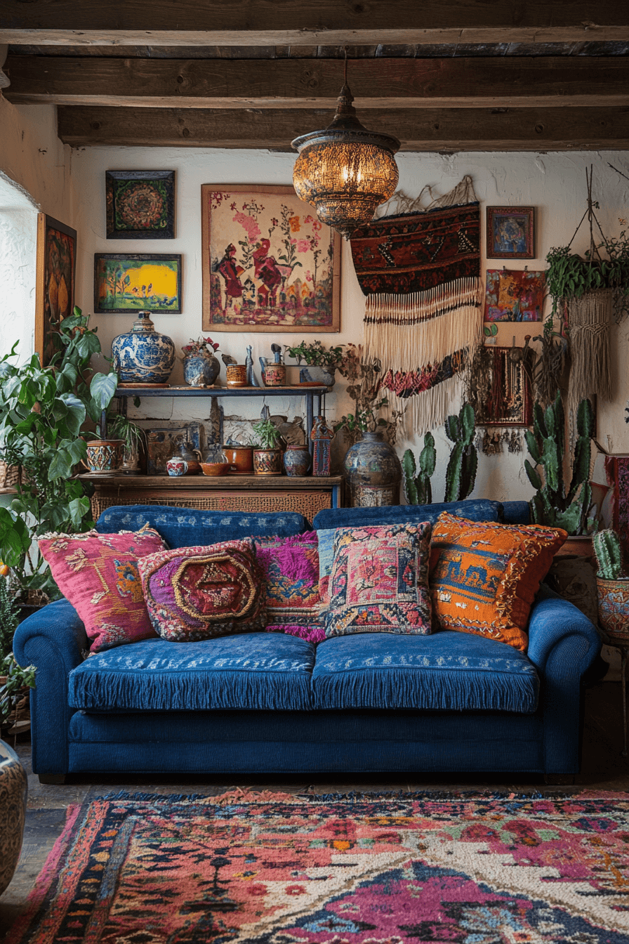28+ Blue Couch Living Room Looks That Capture Bold Sophistication 27 Boho Blue Sofa Space