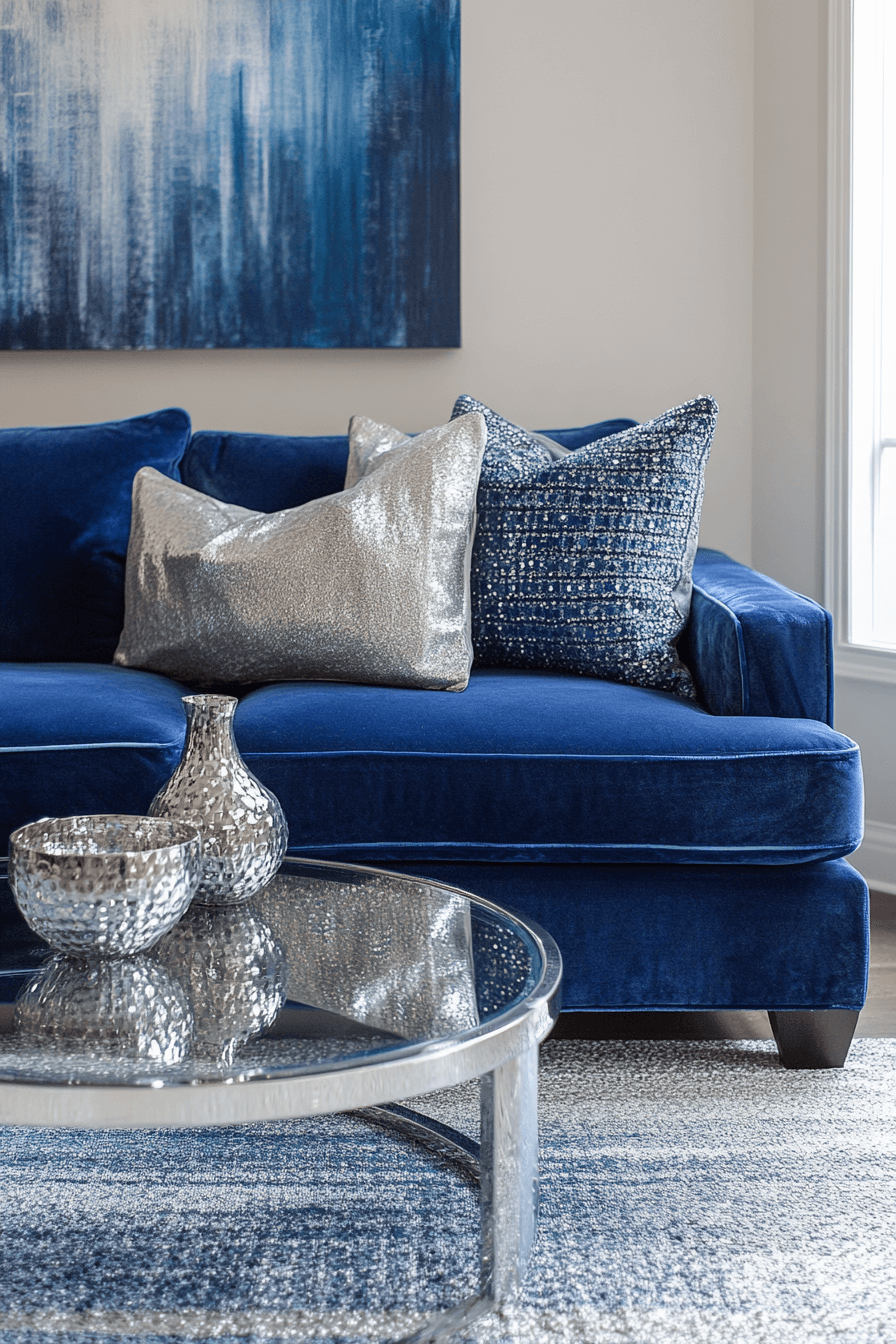 28+ Blue Couch Living Room Looks That Capture Bold Sophistication 29 Silver Accents On Blue Sofa