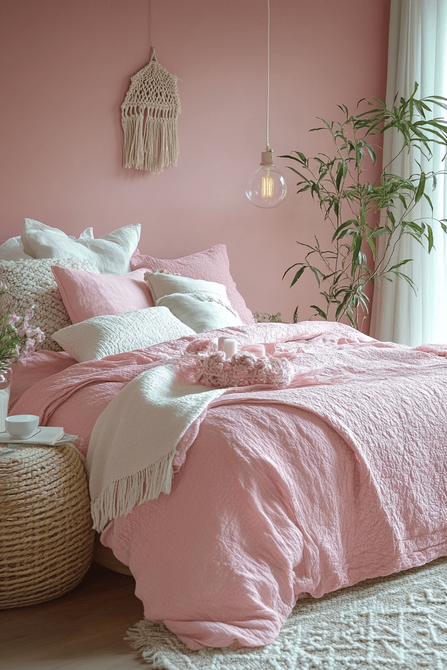 15+ Pink Boho Bedroom Ideas That Blend Playfulness and Serenity 3 Tranquil Pink Boho Retreat