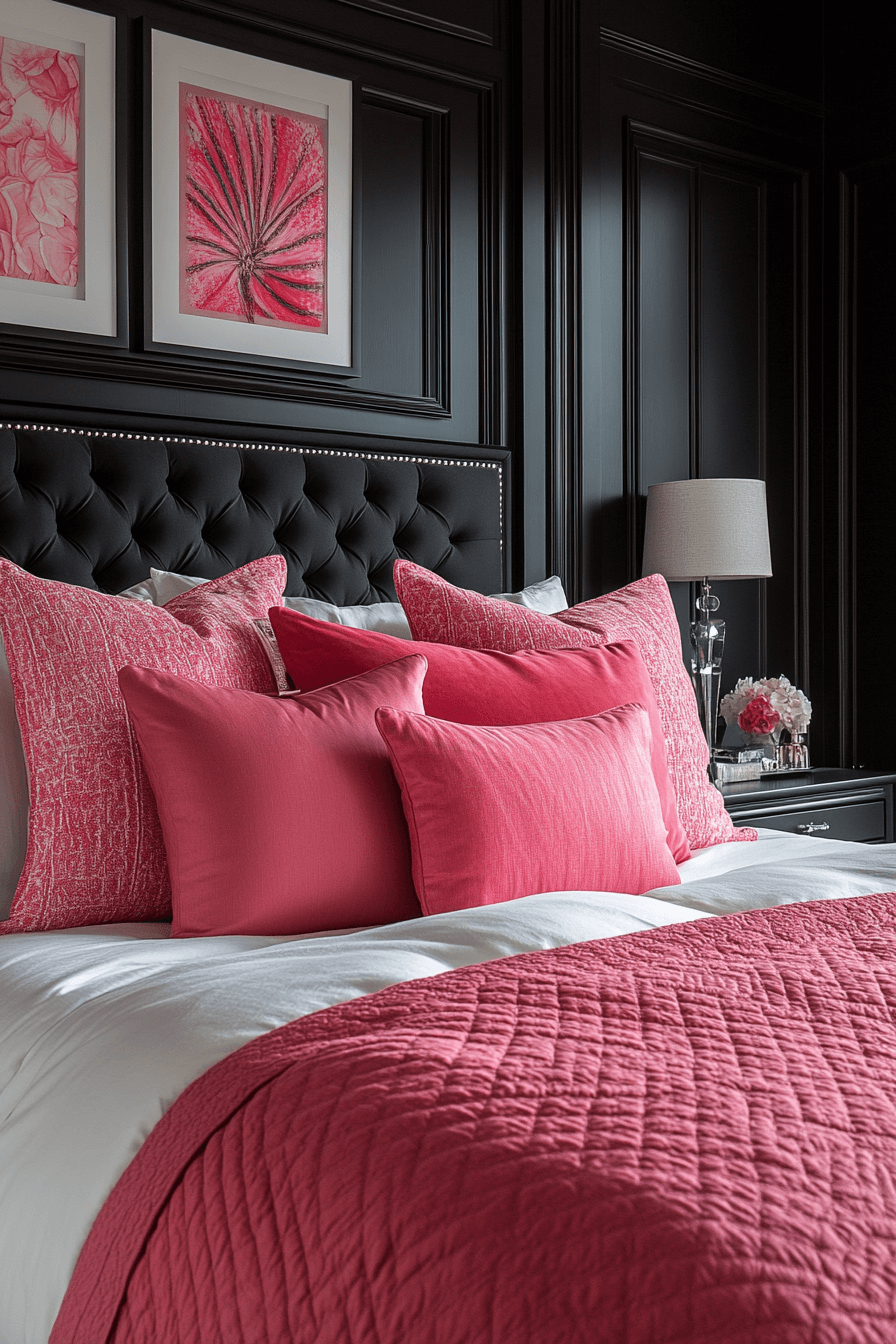 15+ Pink and Black Bedroom Ideas That Blend Playfulness and Sophistication 3 Vivid Pink Accents In A Bold Black Space