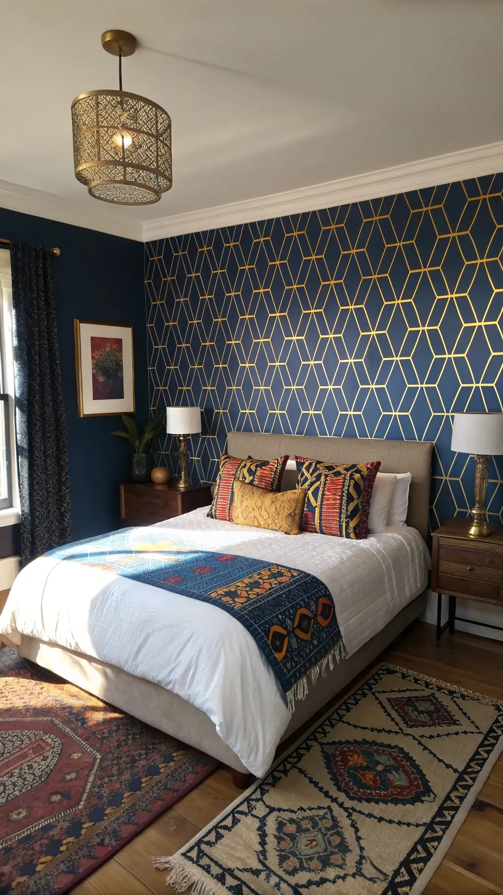 Elevated view of a 15x15ft afternoon bedroom with 10ft ceilings, featuring a bold cobalt and gold geometric wallpaper, king bed with white linens and colorful African wax print pillows, layered rugs, and eclectic art collection, illuminated by a vintage brass floor lamp.