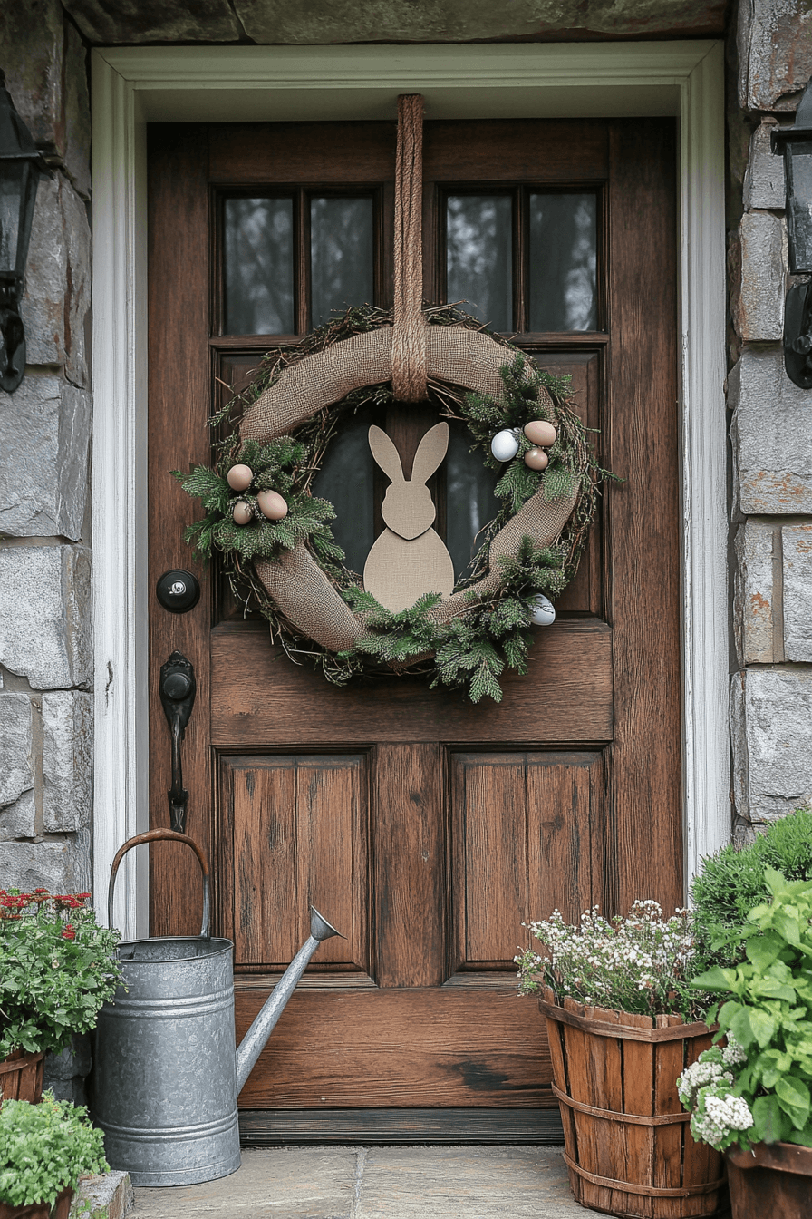 22+ Easter Wreaths for Front Door That Feel Playful and Chic 4 Bunny Burlap Farmhouse Wreath