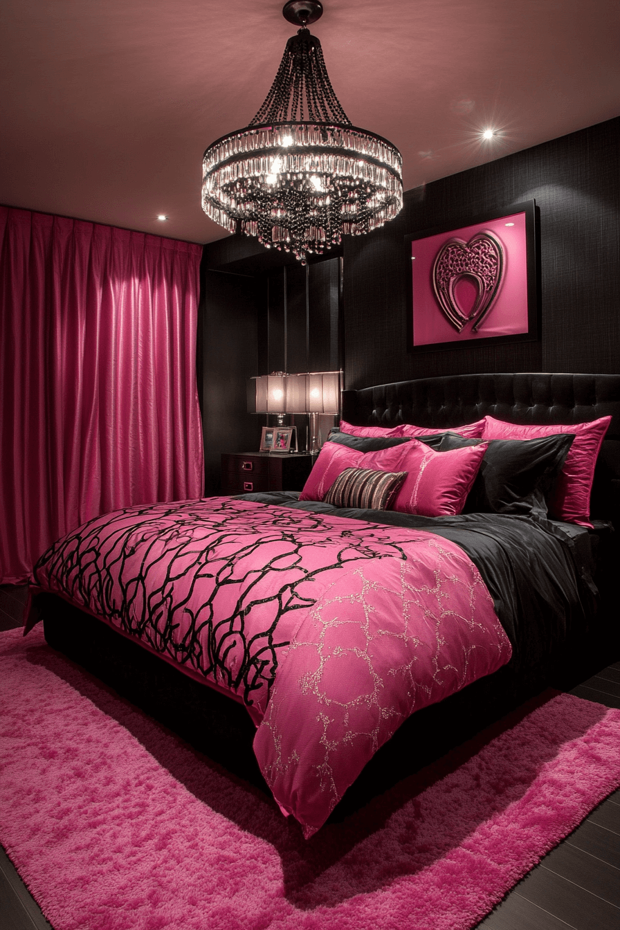 15+ Pink and Black Bedroom Ideas That Blend Playfulness and Sophistication 4 Luxurious Pink And Black Retreat