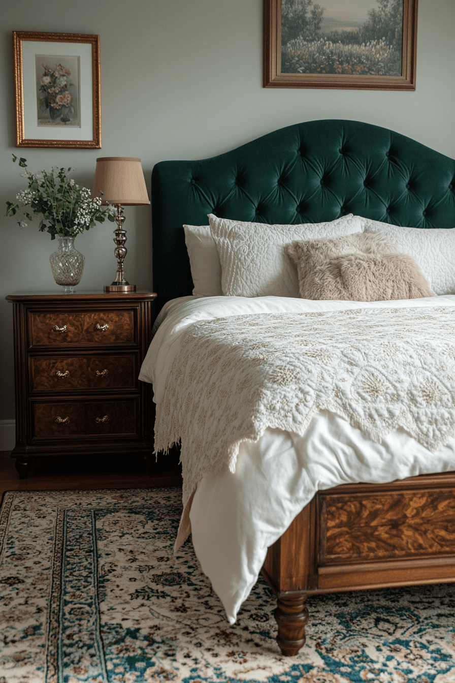 16+ Emerald Green Art Deco Bedroom Ideas to Capture Timeless Glamour 5 Vintage Emerald Deco Charm