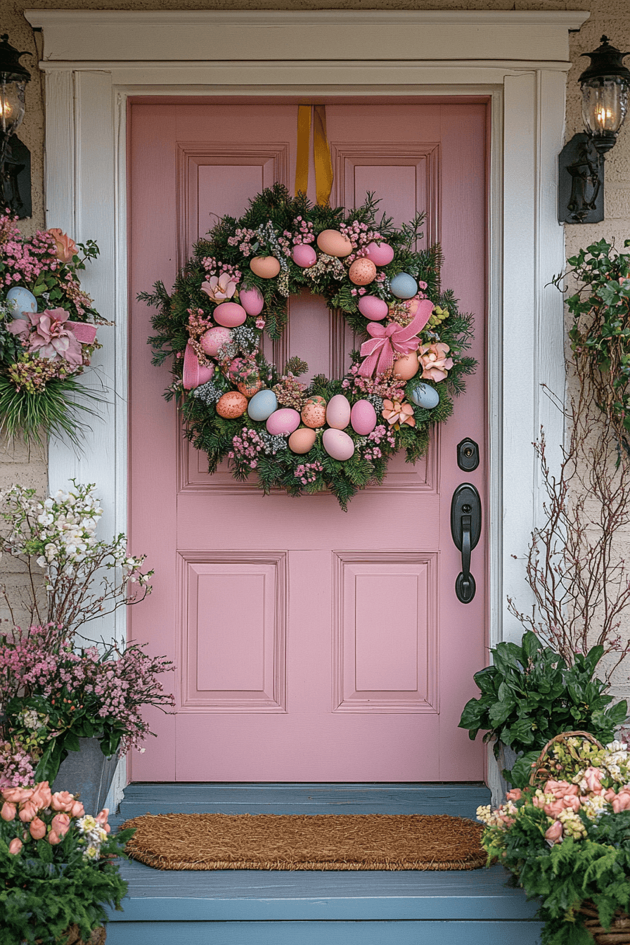 23+ Easter Yard Decorations to Create a Bright and Colorful Display 6 Front Door Wreath Welcome