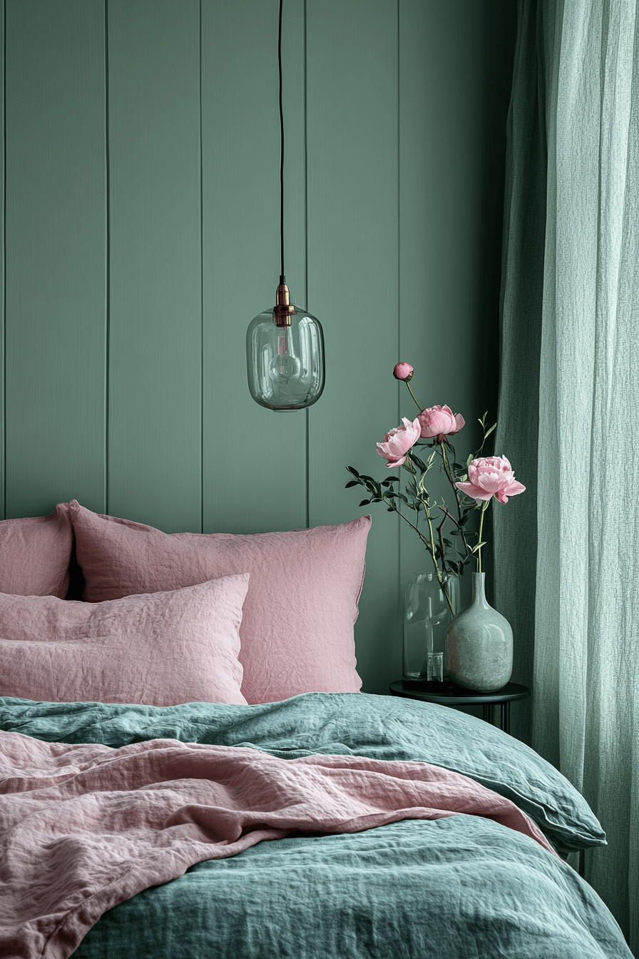 19+ Green and Pink Bedroom Ideas That Balance Bold and Soft Tones 6 Jade Calm And Peony Softness