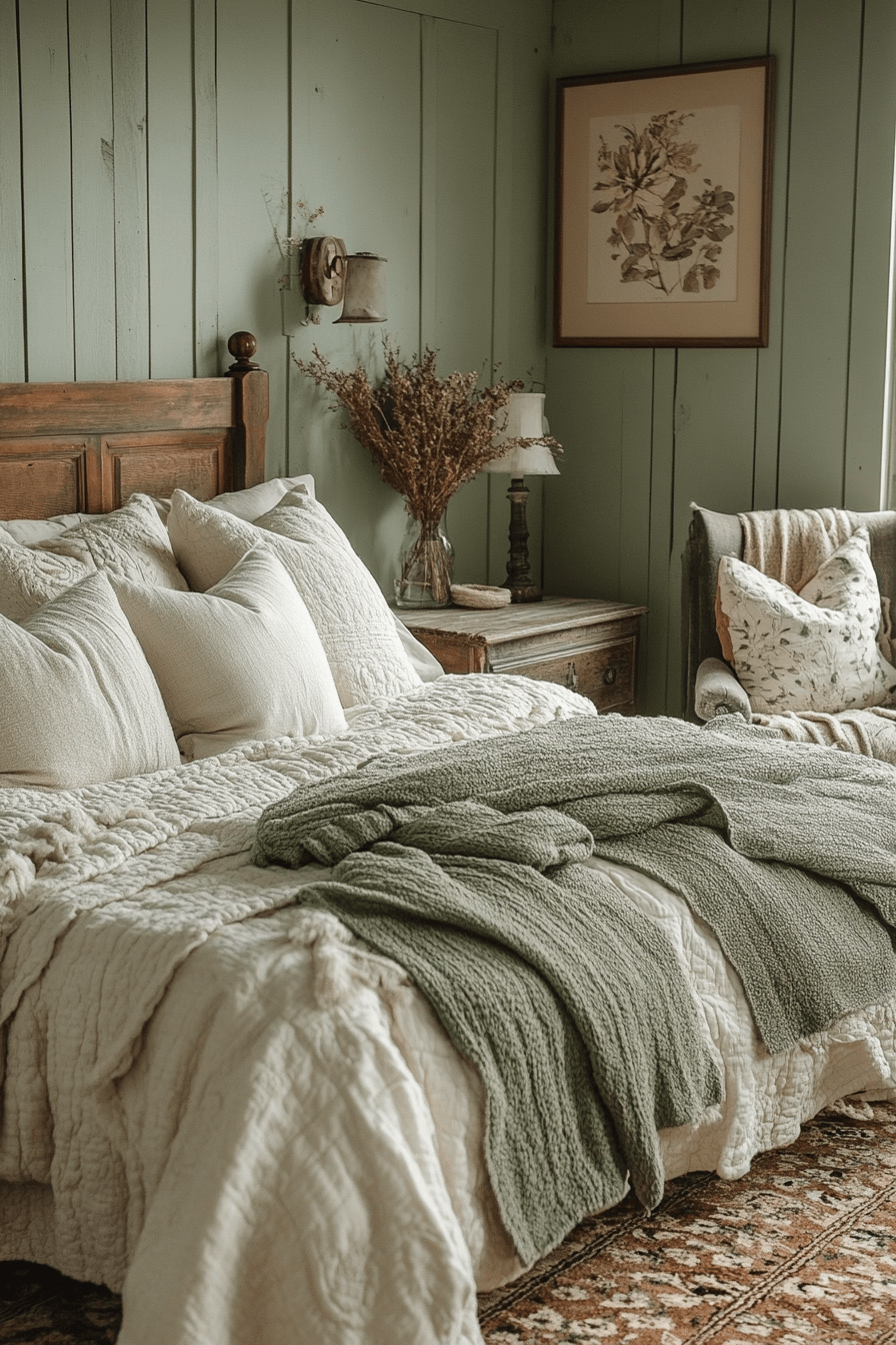 18+ Sage Green Farmhouse Bedroom Ideas to Inspire a Peaceful Atmosphere 6 Sage Green Cozy Corner