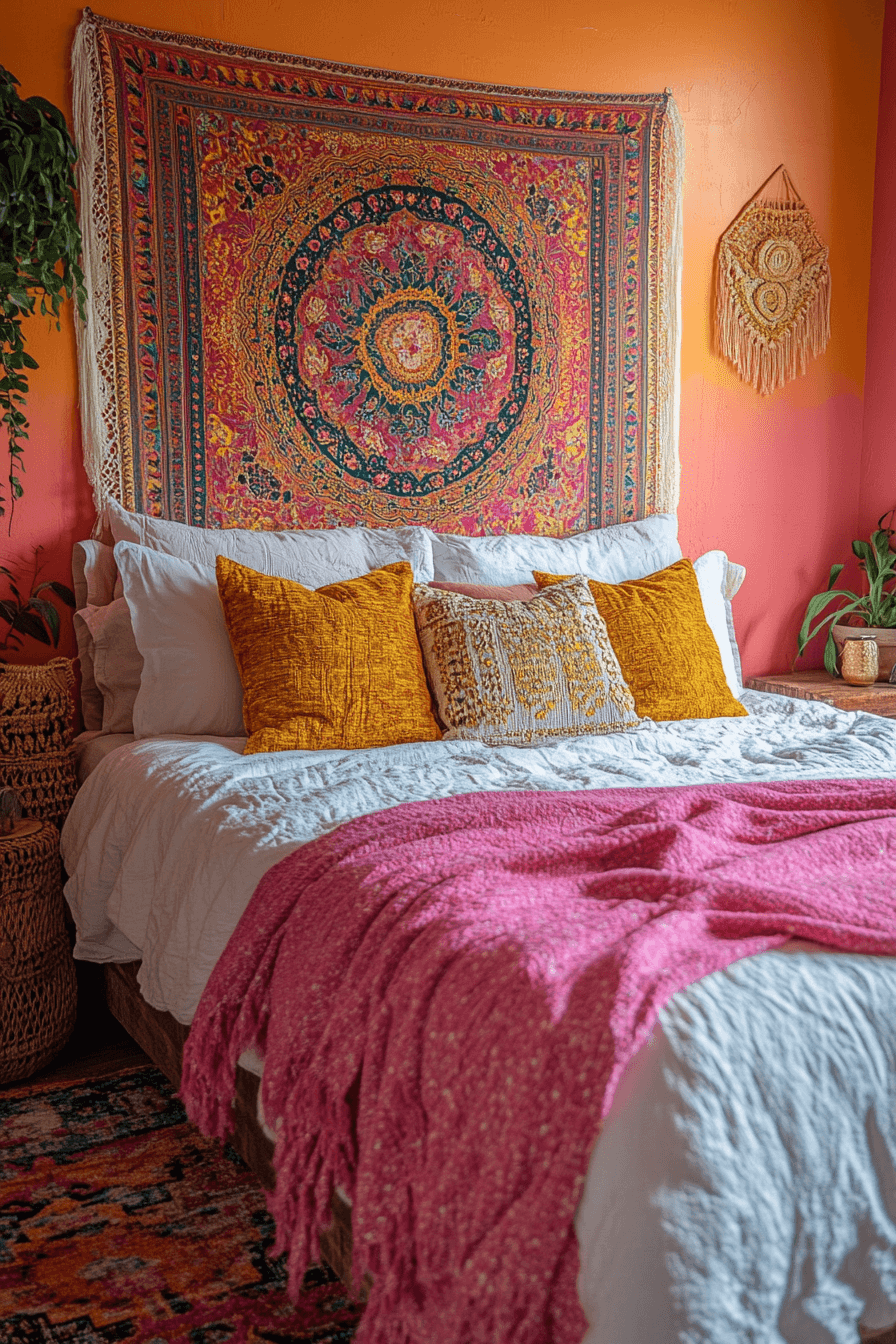 15+ Pink Boho Bedroom Ideas That Blend Playfulness and Serenity 6 Sunset Boho Charm