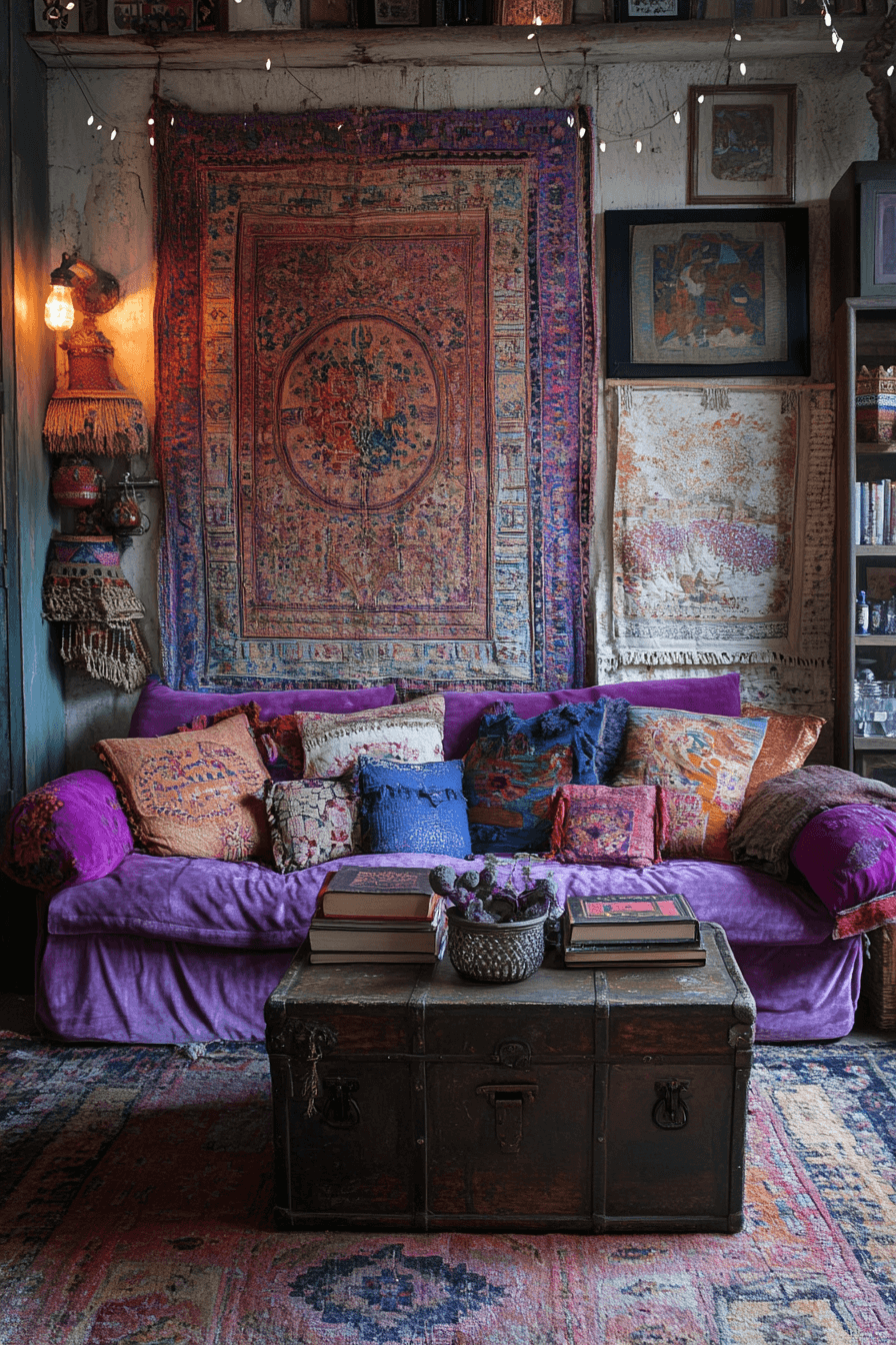 21+ Boho Maximalist Living Room Inspiration for a Bold Home Makeover 6 Tapestry Adorned Haven