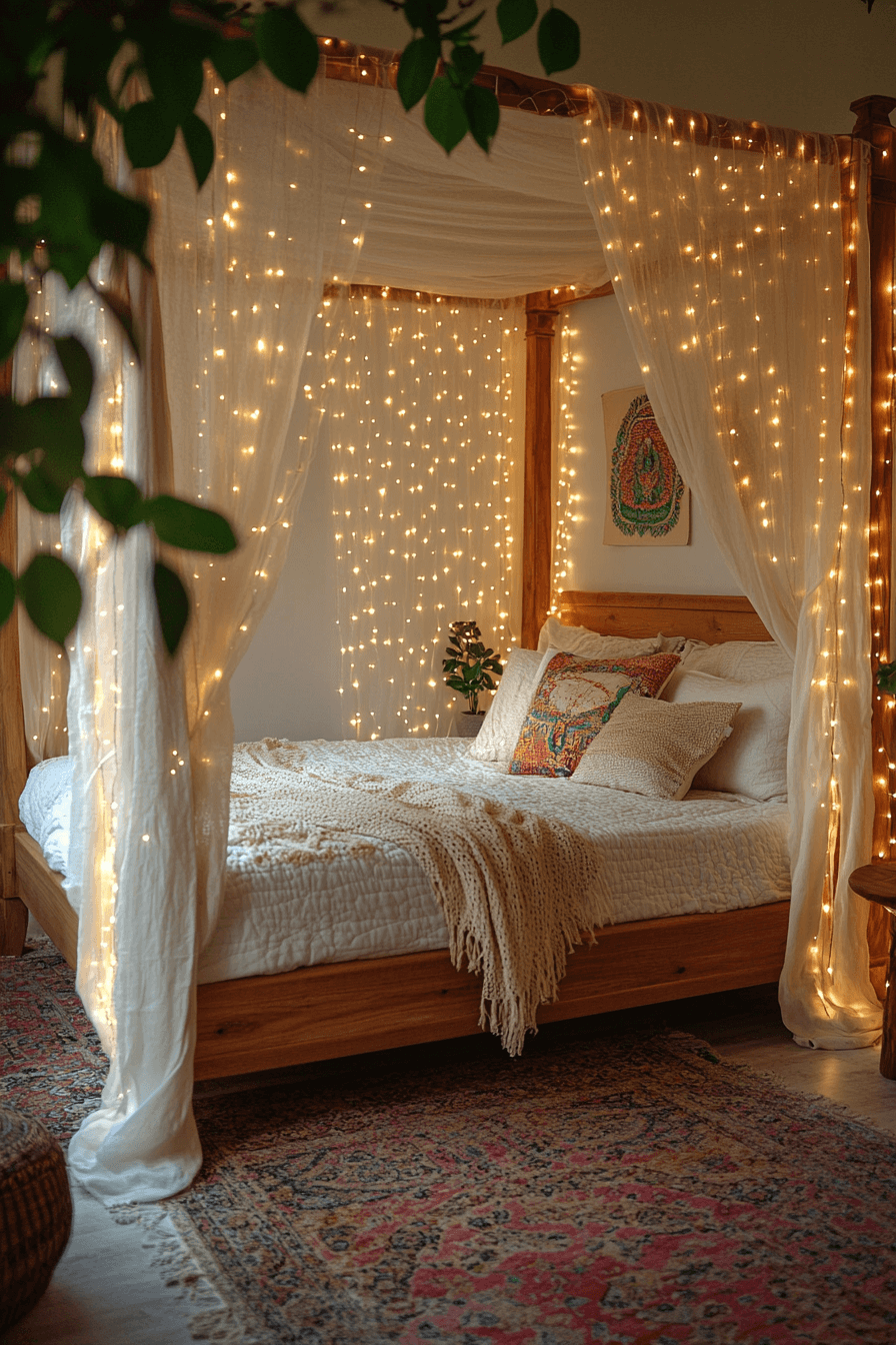 18+ Boho Bedroom With Curtain Lights That Turn Simplicity Into Style 6 Waterfall Light Serenity