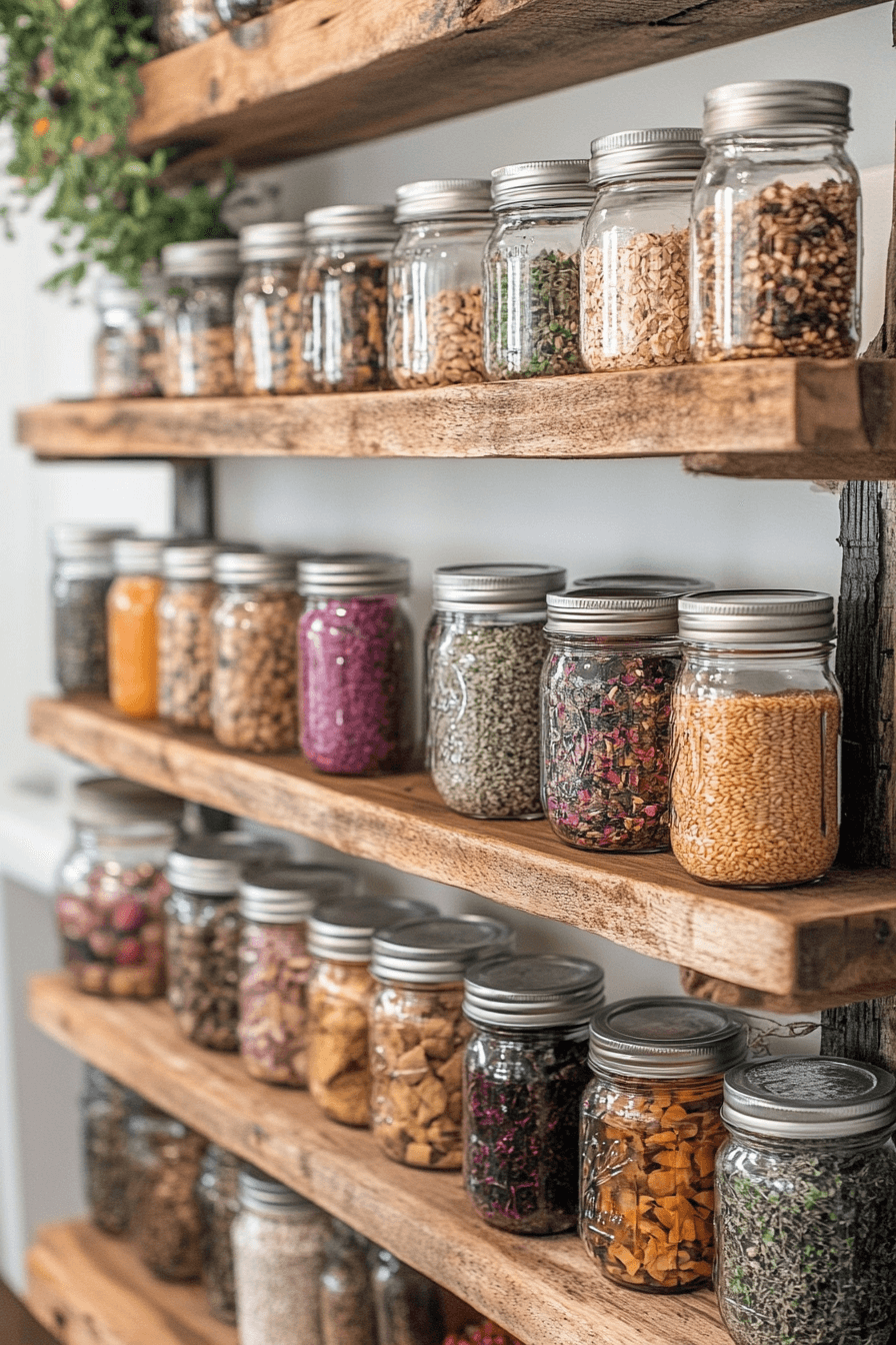 15+ Farmhouse Kitchen Decor Ideas for a Fresh and Budget-Friendly Update 7 Functional Storage Mason Jar Shelving