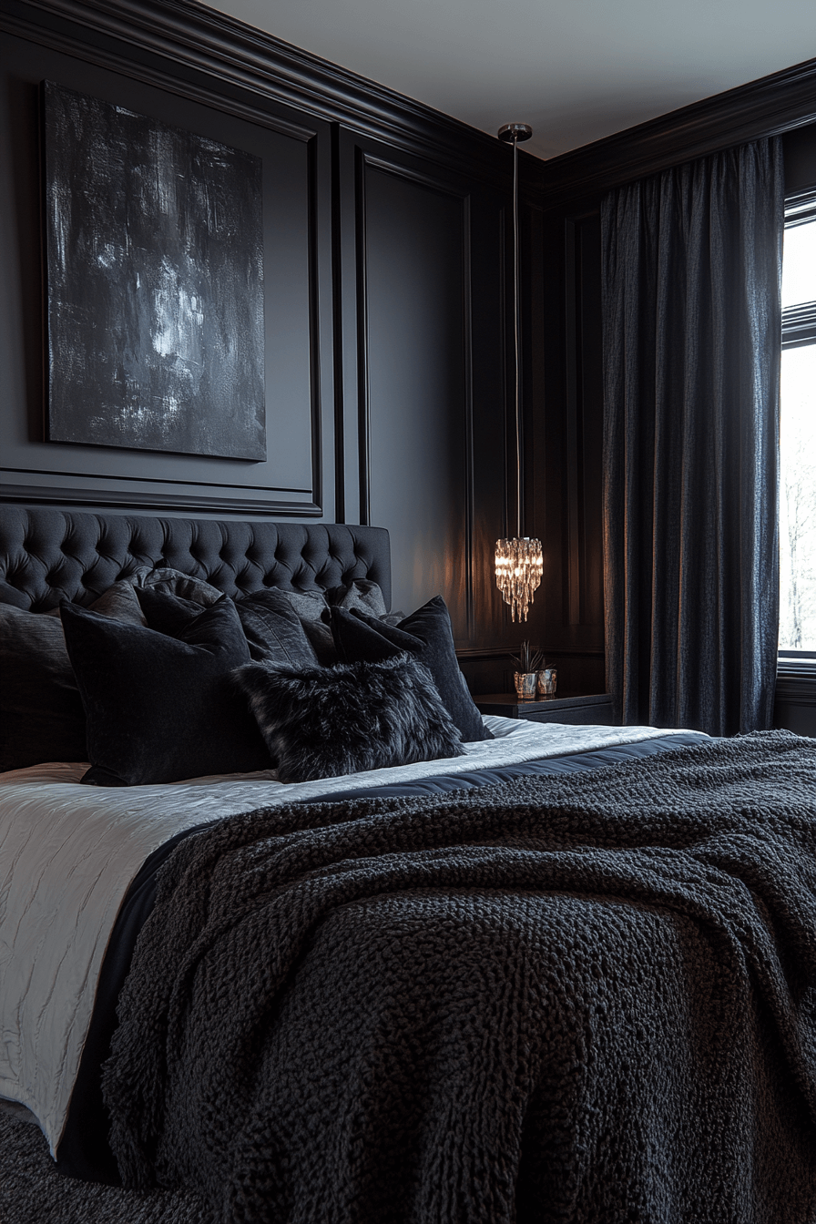 22+ Dark Feminine Bedroom Ideas for a Modern and Alluring Makeover 7 Shadow Play