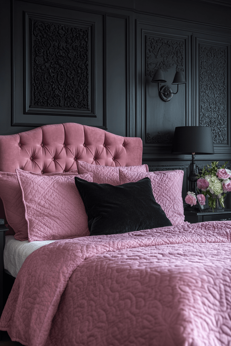 15+ Pink and Black Bedroom Ideas That Blend Playfulness and Sophistication 7 Velvet Elegance In Pink And Black
