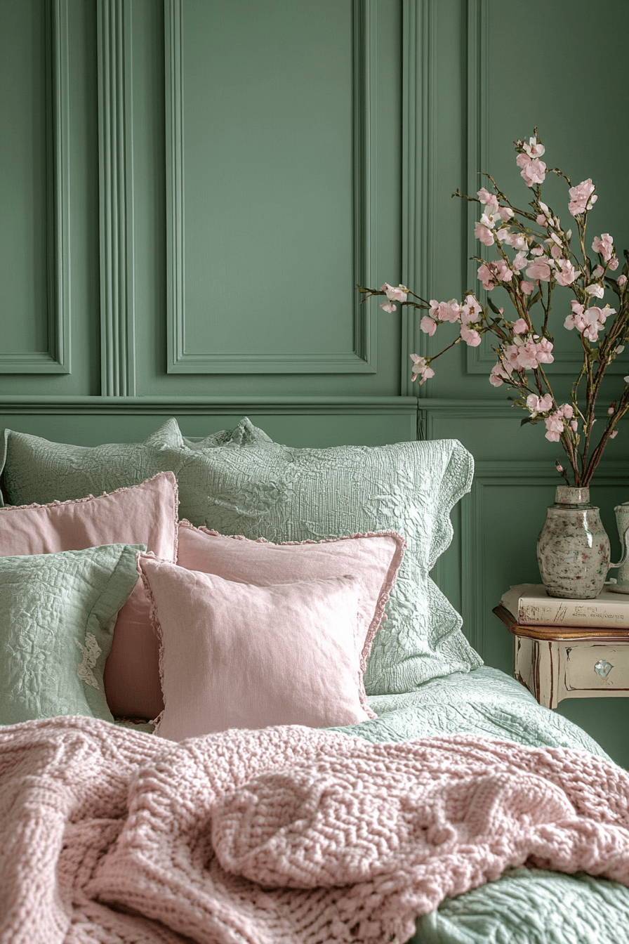 19+ Green and Pink Bedroom Ideas That Balance Bold and Soft Tones 8 Celadon Peace With Carnation Calm