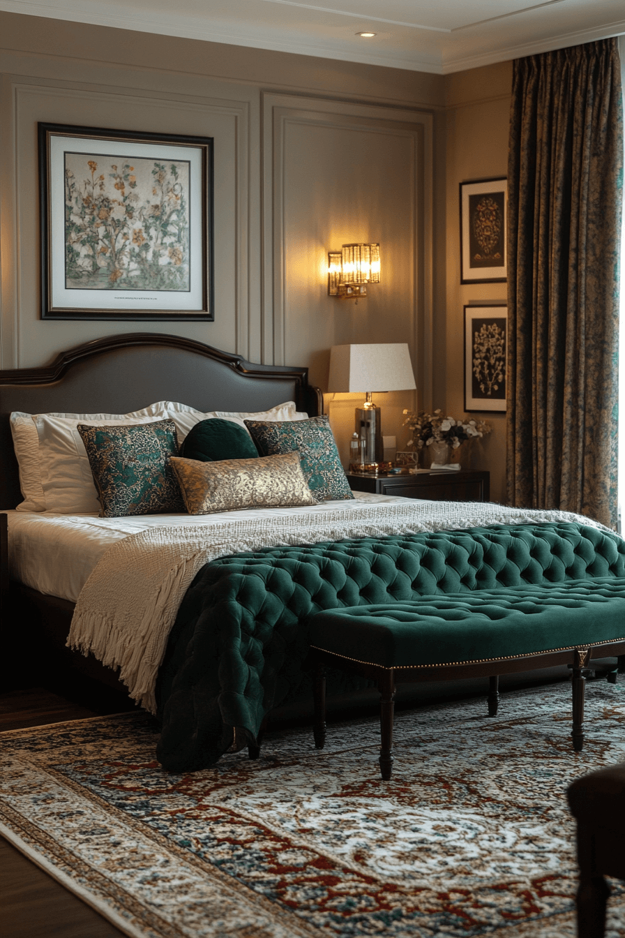 16+ Emerald Green Art Deco Bedroom Ideas to Capture Timeless Glamour 9 Balanced Emerald Deco Serenity