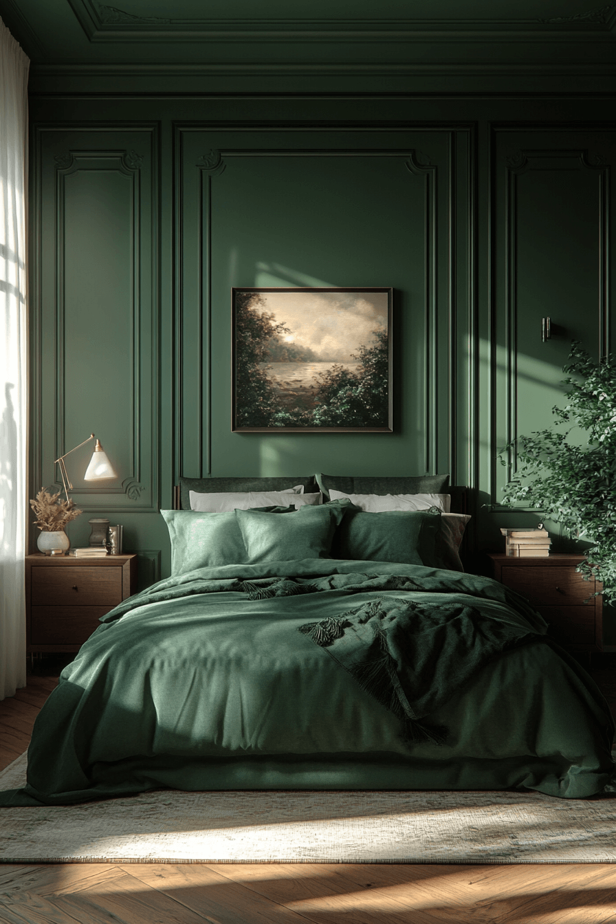 16+ Dark Green Bedroom Ideas to Elevate Your Sleep Sanctuary 9 Deep Forest Retreat Bedroom
