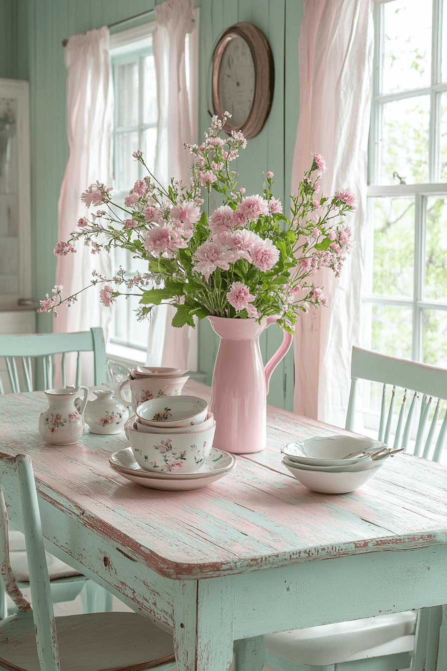 18+ Shabby Chic Dining Room Ideas to Create a Warm Gathering Spot 9 Soft Pastel Dining Delight